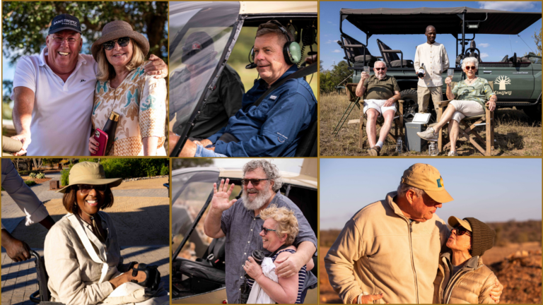 A compilation of older people enjoying themselves on a safari at Ximuwu Safari Lodge